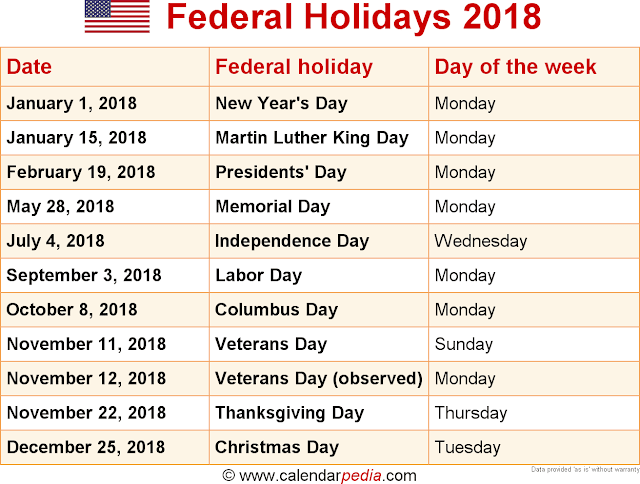 Download 2018 Federal Holidays Calendar, Federal Holiday Calendar 2018, 2018 Federal Holidays Calendar USA, 2018 Federal Holidays Calendar UK