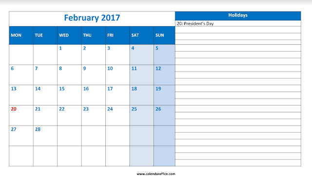 February 2017 Calendar, February 2017 Calendar Printable, February 2017 Printable Calendar, February 2017 Holiday Calendar, February 2017 Weekly Calendar, February Calendar 2017