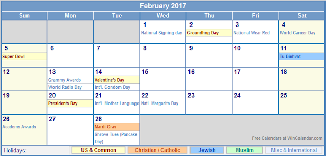 February 2017 Calendar, February 2017 Calendar Printable, February 2017 Printable Calendar, February 2017 Holiday Calendar, February 2017 Weekly Calendar, February Calendar 2017