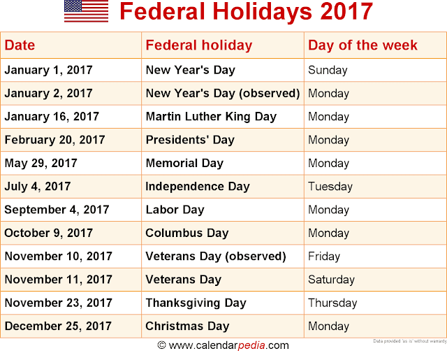 2017 Federal Holidays Calendar, Federal Holiday Calendar 2017, 2017 Federal Holidays Calendar USA, 2017 Federal Holidays Calendar UK