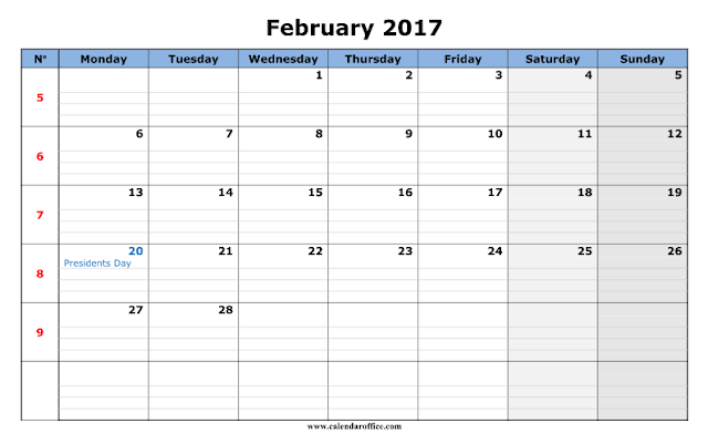 February 2017 Calendar, February 2017 Calendar Printable, February 2017 Printable Calendar, February 2017 Holiday Calendar, February 2017 Weekly Calendar, February Calendar 2017