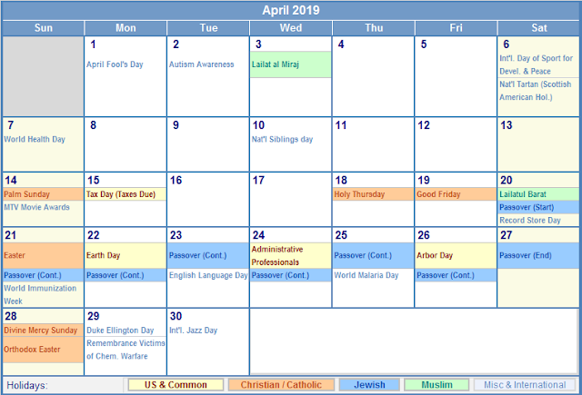 April 2019 Printable Calendar, April 2019 Calendar, April 2019 Calendar Template, Blank April 2019 Calendar, Free April 2019 Calendar, April 2019 Calendar Print, April 2019 Calendar PDF, April 2019 Calendar Holidays, April Calendar 2019