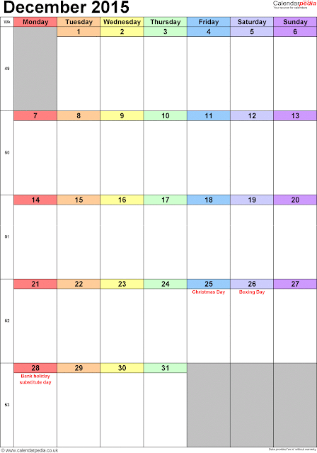 December 2015 Blank Calendar Portrait