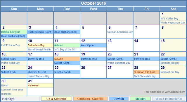 October 2016 Calendar Holidays USA, October 2016 Calendar Holidays UK, October 2016 Calendar Holidays Canada, October 2016 Calendar Holidays USA Australia, October 2016 Calendar with Holidays, October 2016 Religious Holiday Calendar