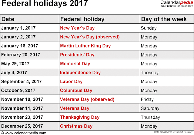 2017 Federal Holidays Calendar, Federal Holiday Calendar 2017, 2017 Federal Holidays Calendar USA, 2017 Federal Holidays Calendar UK