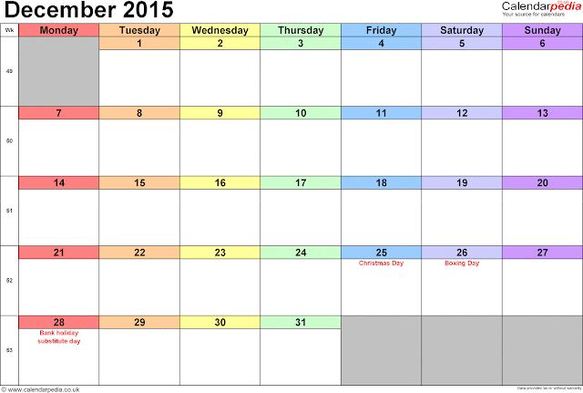 December 2015 Calendar With Holidays
