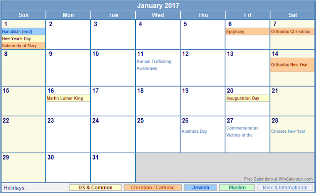 January 2017 Printable Calendar, January 2017 Calendar, January 2017 Calendar Template, January 2017 Calendar Printable, Free January 2017 Calendar, Blank January 2017 Calendar